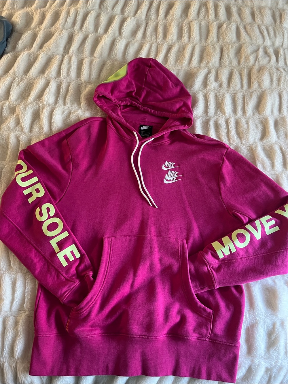 Nike Fuchsia Hoodie with Neon Yellow Sleeve Text